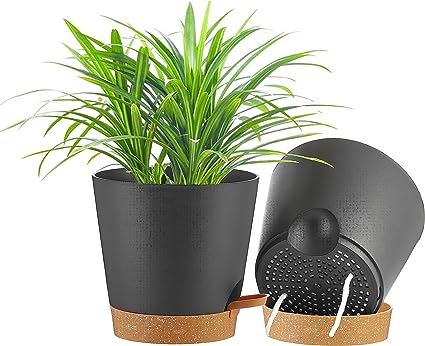 FaithLand 2-Pack 9 Inch Planter Pots for Indoor Outdoor Plants, Self Watering Flower Pots with Deep Reservoir, Black with Terracotta …