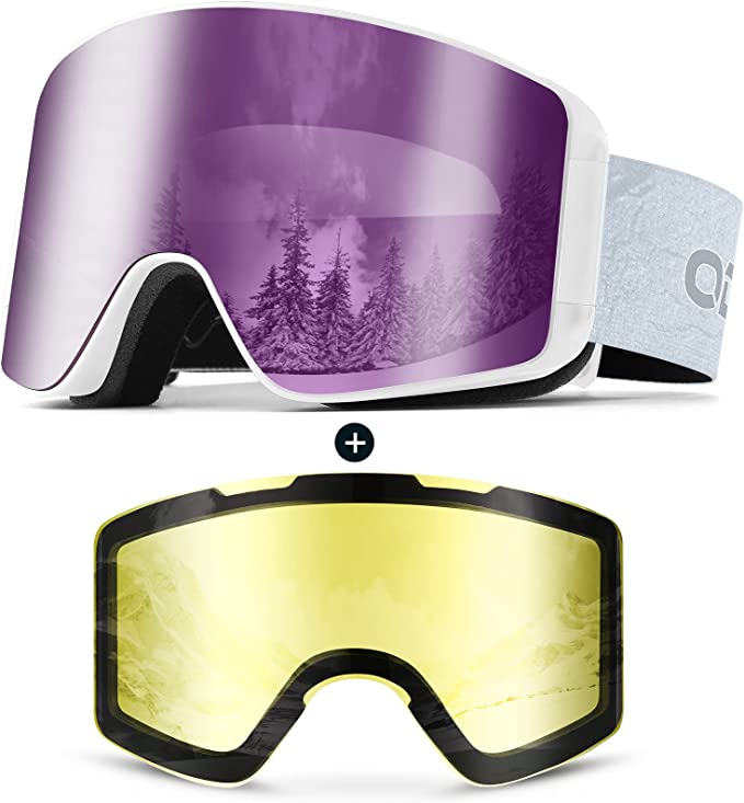 Odoland Ski Goggles Set with Detachable Magnetic Lens, Frameless Interchangeable Lens for Cloudy or Sunny, Anti-Fog UV Protection Men Women Snow Goggles for Skating Skiing and Snowboard