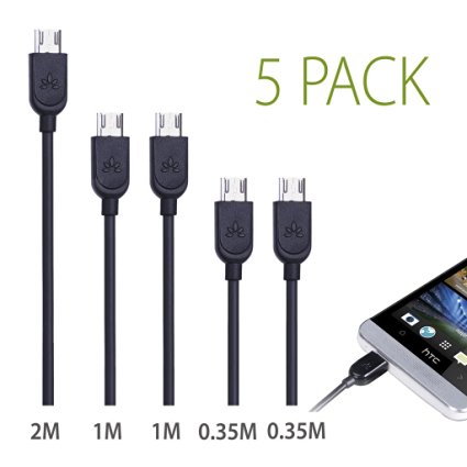 Avantree [5 Pack] Micro USB to USB Cable in assorted lengths (6.6ft x1, 3.3ft x2, 1ft x2) USB 2.0 A Male to Micro B Sync and Charge Cables - Black