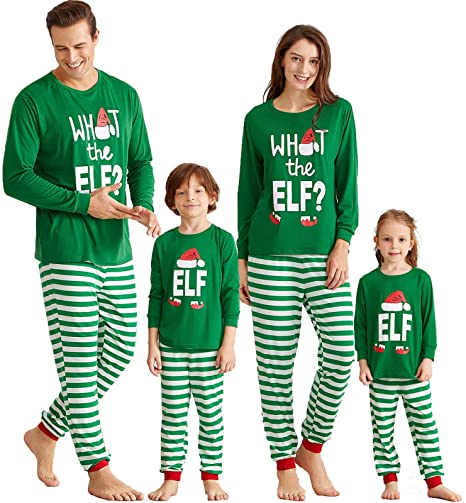 IFFEI Matching Family Christmas Pajamas Sets PJ's ELF Long Tee Striped Bottom