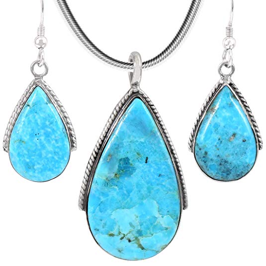 Matching Set Turquoise & Gemstones 925 Sterling Silver (Pendant, Earrings, Necklace 20")