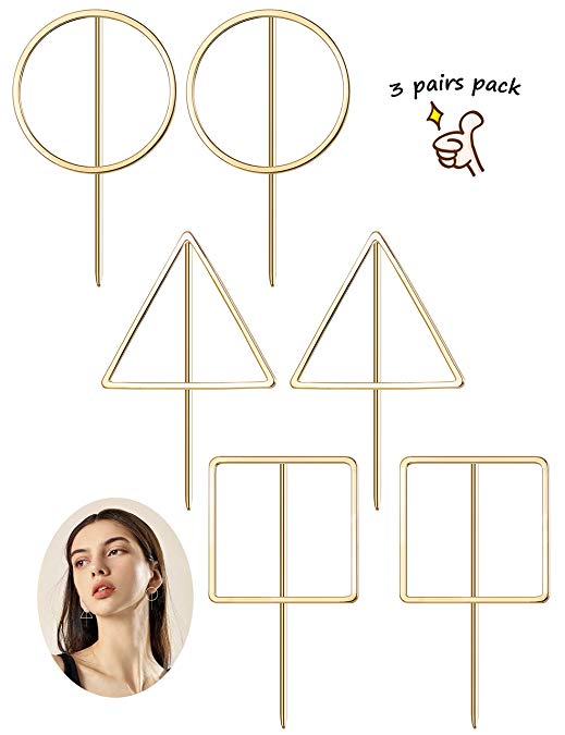 Finrezio 3 Pairs Geometric Earrings for Women Girls Gold Plated Simple Round/Square/Triangle Earrings set