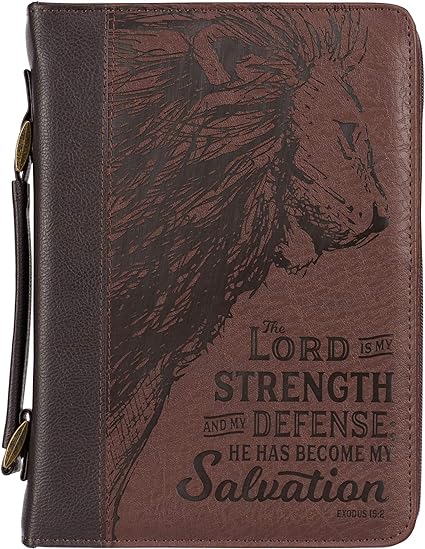 Christian Art Gifts Men's Classic Bible Cover The Lord is My Strength Lion Exodus 15:2, Brown Faux Leather, Medium