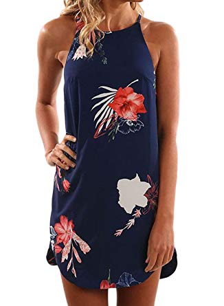 Asvivid Womens Summer Halter Neck Floral Print Sleeveless Casual Mini Dress