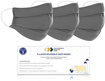 100% Cotton Face Mask Reusable (L/XL) - Dark Grey 3 Piece Set, Washable & Breathable, Densely Woven Fabric, 3 Layer Protection, Natural Cloth Mask with Elastic Ear Loops, Designed for Home & Office