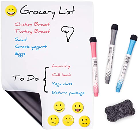 Prefer Green Magnetic Dry Eraser White Board Sheet for Kitchen Refrigerator with Stain Resistant Technology, Organizer & Planner Whiteboard 12” X 8”, Include 1 Eraser, 3 Markers & 6 Fridge Magnets