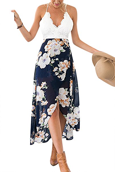 YOINS Women Casual Wrap Front Floral Print Maxi Dress with Lace Details