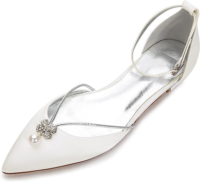 Creativesugar Lady Elegant Pointed Toe Satin Dress Flats Shoes with Pearl and Crystals