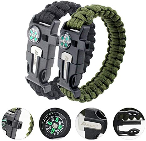 MAIBU Emergency Paracord Bracelets | Set of 2 | Embedded Compass, Fire Starter, Emergency Knife & Whistle, The Ultimate Tactical Survival Gear, Best Wilderness Survival-Kit for Camping/Fishing & More