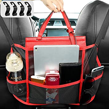 Car Net Pocket Handbag Holder - Multifunctional Seat Back Mesh Organizer - Car Storage Netting Pouch - Car Purse Storage & Pocket with 4 Pcs Car Hooks
