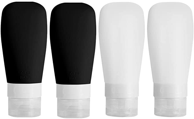 Silicone Travel Bottles, Vonpri Leak Proof Squeezable Refillable Travel Accessories Toiletries Containers Travel Size Cosmetic Tube for Shampoo Lotion Soap Liquids (2oz 4pack black/white)