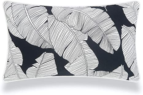 Hofdeco Patio Indoor Outdoor Lumbar Pillow Cover ONLY, for Backyard, Couch, Sofa, Black White Tropical Leaves, 12"x20"