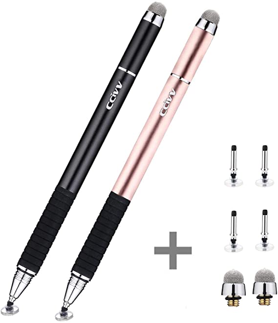 CCIVV Stylus Pen 2 in 1 Fine Point & Mesh Tip for Touch Screen, Compatible for Tablet and Cellphone (2Pcs, Black/Rose Gold)