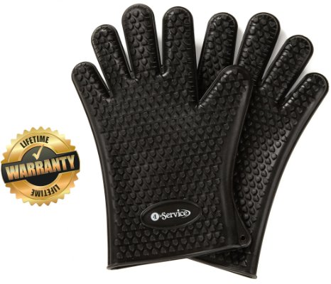 Highly Rated Silicone BBQ Gloves - Perfect For Use As Heat Resistant Cooking Gloves Grill Gloves Or Potholder - Directly Manage Hot Food In The Kitchen Use As Grilling Gloves Oven Gloves Or At The Campsite - Protect Your Hands And Avoid Accidents With Insulated Waterproof Five-Fingered Grip - Far More Shield And Versatility Than Oven Mitts - 1 Pair Number 1 in Service Silicone BBQ Gloves - FREE Premium Hassle-Free Lifetime Guarantee - Black