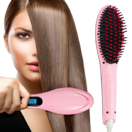 PrettyFirst Hair Straightener Brush,Massager Straightening Irons Instant Magic Silky Straight Hair Styling, Heating Detangling Hair Comb (Pink)