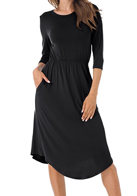 Levaca Women's 3/4 Sleeve Elastic Waist Pockets Swing Casual Flare Midi Dress