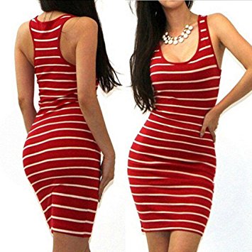 HOT SALE ！Striped Mini Dress,BeautyVan Charming Comfortable Sexy Women Bandage Bodycon Sleeveless Striped Evening Party Short Mini Dress (M, Red)