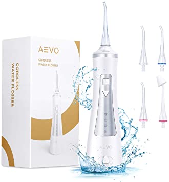 AEVO Cordless Water Flosser, Dental/Oral Irrigator [Portable & Rechargeable] [IPX7 Waterproof] [4 Modes] Water Flosser with 240 ml Cleanable Water Tank for Home & Travel, Braces & Bridge Care, White