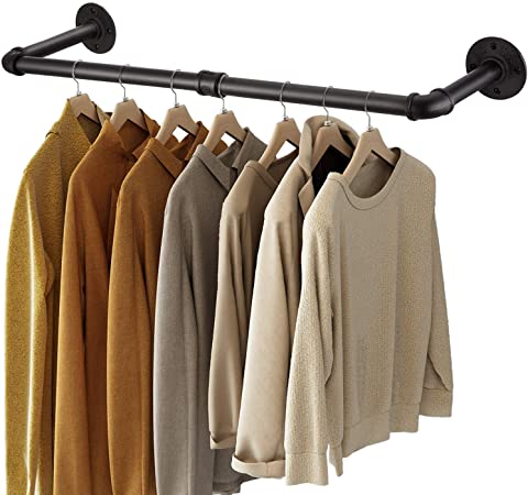 Greenstell Industrial Pipe Clothes Rack Wall Mounted,Space-Saving Iron Garment Rack Multi-Purpose,Detachable Rustic Hanging Shelves Black 2 Base