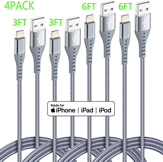Lightning Cable iPhone Charger XnewCable 4Pack(6ft 6ft 3ft 3ft) Apple MFi Certified Nylon Braided Long Fast USB Cord Compatible for iPhone 11Pro MAX Xs XR X 8 7 6S 6 Plus SE 5S 5C (Light Gray)