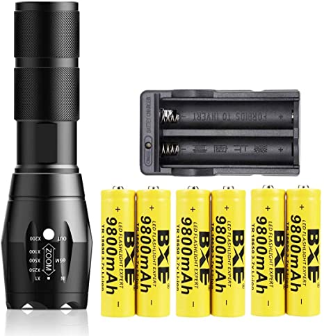 Strong Light Flashlight 3000 Lumens Tactical Flashlight T6 Lamp Beads Adjustable Focus 5 Modes with 6PCS 18650 3.7V Rechargeable Battery and Charger