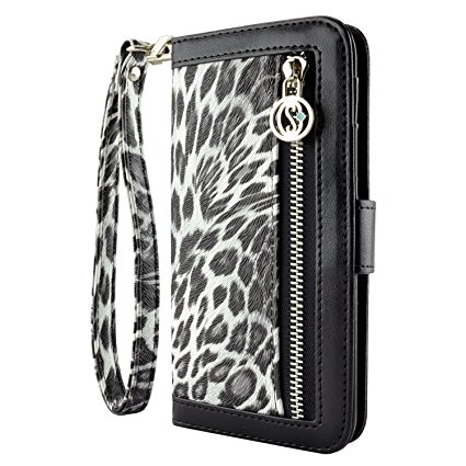 Galaxy S6 Edge Plus Wallet Case, caseen Ferina Wallet Case (Leopard) w/ Coin Zip Purse, Credit Card Slot Holders, Multi-Angle Stand for Samsung Galaxy S6 Edge Plus