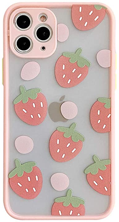iPhone 11 Case, Skin Feel Pattern Strawberry Design Transparent Plastic Hard Back Case with TPU Bumper Protective Case Cover for Apple iPhone 11 (Pink)
