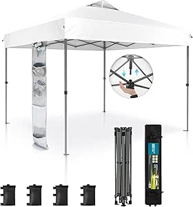 Canopy Tent Pop Up 10x10 ft, One Person Push Set Up Tent, Outdoor Canopies Shelter Heavy Duty Straight Legs with 4 Sandbags & Guy Ropes, 1 Roller Bag & Storage Bag, 8 Stakes, UPF50 , White