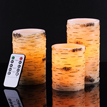 Bingolife Real Wax Birch Bark Effect Flameless LED Candles 4" 5" 6" with Remote Control & Timer