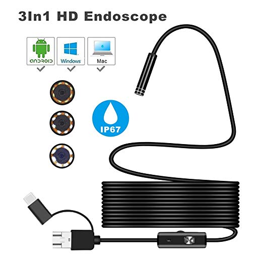 YSBER Ear Endoscope Camera, Waterproof HD Borescope Inspection Camera Visual Earpick Tool with 6 Adjustable Led for Android Micro, Type c, USB PC (Black)