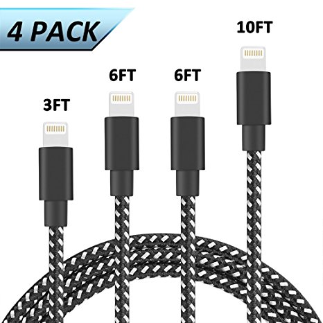Xpener Lightning Cable iPhone Charger 4 Pack 3Ft 6Ft 6Ft 10Ft Nylon Braided 8 Pin Lightning To USB Charger Cord for iPhone X iPhone 8 8 Plus 7 7 Plus 6s 6s Plus 6 6 Plus iPad iPod Nano