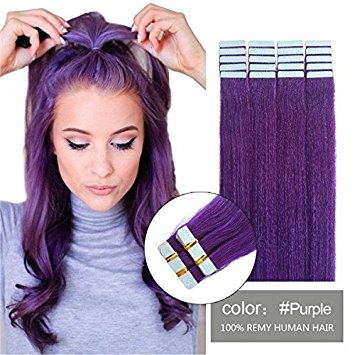 SHOWJARLLY Seamless Remy Tape in Hair Extensions Real Human Hair 20inch Straight #Purple Tape on Skin Weft Hair Extensions (50g,20Pcs)