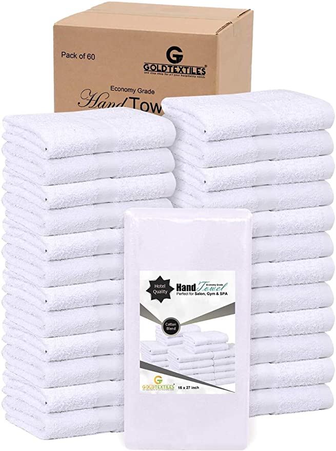 GOLD TEXTILES (5 Dozen) 60 Pcs New White (16x27 Inch) Cotton Blend Salon-Towels Gym-Towel Hand-Towel