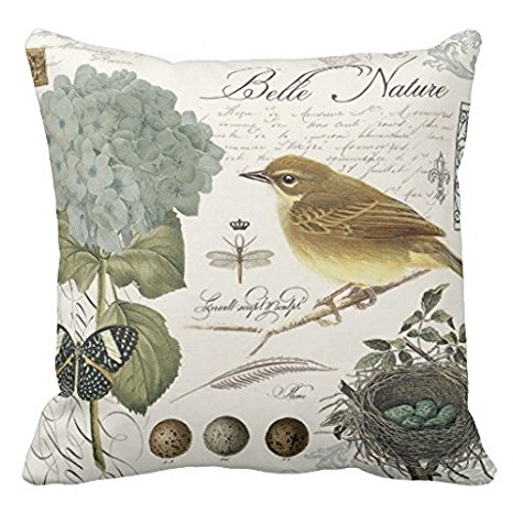 Popeven Pillow Cover for Sofa Vintage French Birds and Nest Accent Pillows Decorative Zippered Pillow Sham