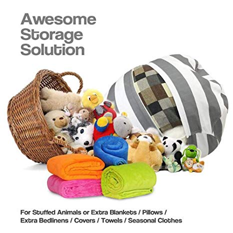 38'' XL Stuffed Animal Storage Bean Bag Chair, Premium Cotton Canvas Toy Organizer for Kid Bedroom, Perfect Storage Solution for Plush Toys, Blankets, Towels & Clothes Grey/White Stripes With Zipper&Handle