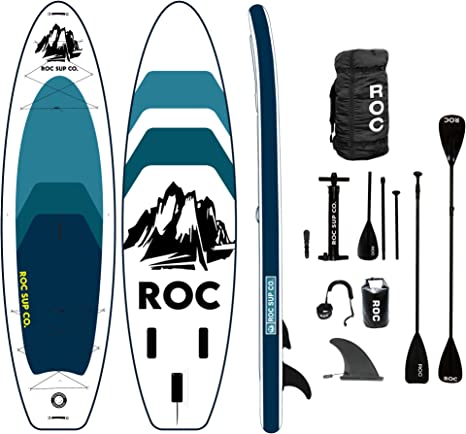 Roc Paddle Boards Inflatable Premium Paddleboard Pack W/ Heavy Duty Comfort Backpack, Paddle, Non-Slip Deck Pad, Waterproof Bag, Safety Leash, Main Fin and a Dual Action Pump.