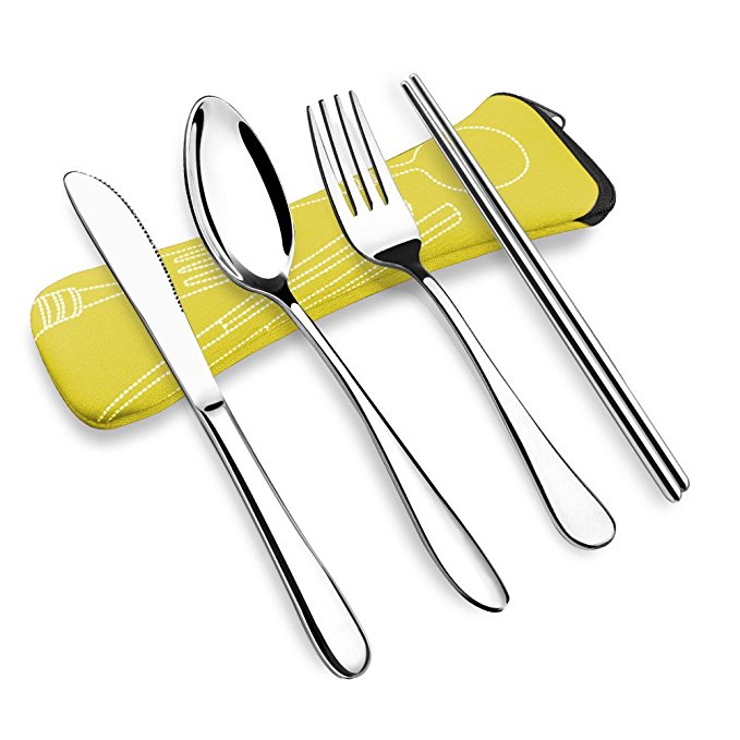VICBAY 4 Pieces Reusable Lunch Cutlery Set Portable 304 Stainless Steel Camping Flatware Set Travel Utensils (Fork Spoon Chopsticks) with Neoprene Case (Yellow)