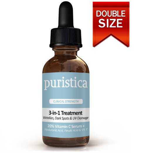 Vitamin C Serum for Wrinkles Dark Spots and Skin Discoloration - 98 Natural 72 Organic - STAY-C 50 Vitamin E Hyaluronic and Ferulic Acid - Puristica 2 Oz