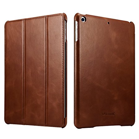 New iPad 2017 9.7 Inch Case, Icarer Vintage Series Genuine Leather Folio Flip Smart Cover Leather Case with Auto Wake / Sleep Function [Magnetic Latch] Kickstand for Apple New iPad 9.7 inch 2017 Model (Brown)