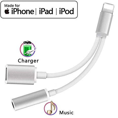 Headphone Adapter to 3.5mm Dongle Headphone Connector Adapter AUX Audio Jack Stereo Car Charger for iPhone 7/X/XS/XR/8/8Plus 2 in 1 Cable Charging and Music Compatible Support for IOS11/12-silver