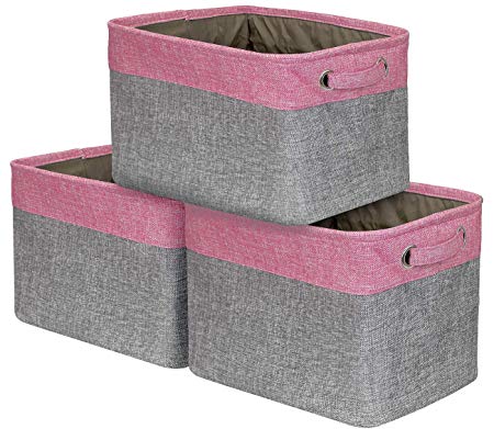 Sorbus Storage Large Basket Set [3-Pack] - 15 L x 10 W x 9 H - Big Rectangular Fabric Collapsible Organizer Bin Carry Handles Linens, Towels, Toys, Clothes, Kids Room, Nursery (Pink)