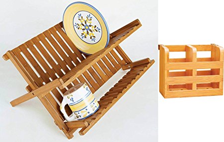 Lipper Bamboo Folding Dishrack (8813) and Bamboo Flatware Holder with Metal Clips, 2-Compartments (8823)