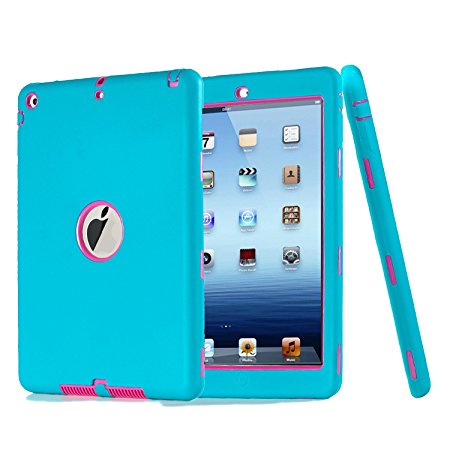 iPad Air Case, Qelus Heavy Duty Rugged Shockproof Three Layer Armor Defender Protective Case Cover for Apple iPad Air 2013 Model(Sky Blue/Deep Pink)
