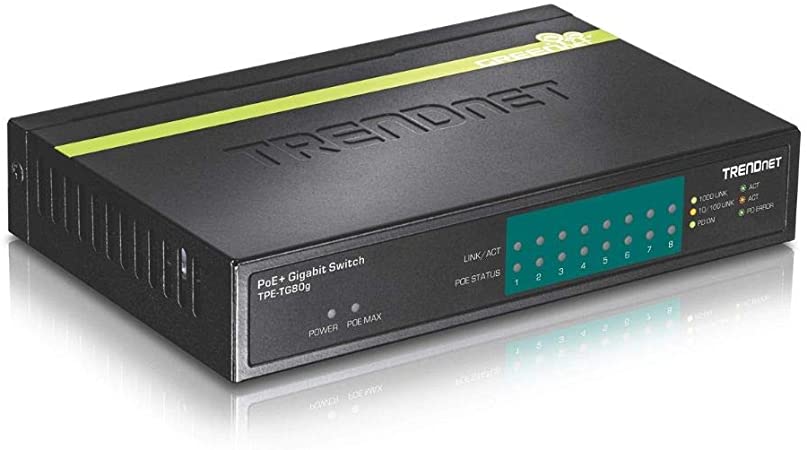 TRENDnet 8-Port Gigabit PoE  Switch, TPE-TG80G, 8 x Gigabit PoE  Ports, 123 W PoE Power Budget, 16 Gbps Switching Capacity, Desktop Switch, Ethernet Network Switch, Metal, Lifetime Protection,Black