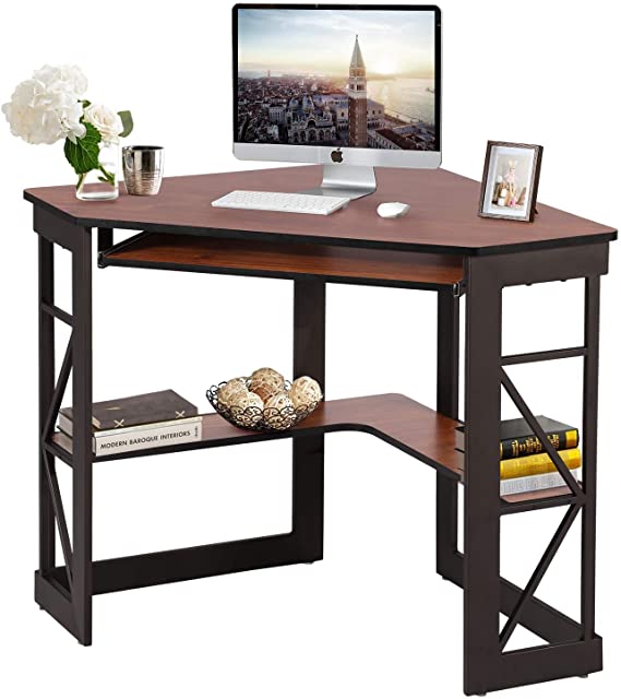 VECELO Corner Work/Writing, Compact Home Office Desk,with Smooth Keyboard Tray & Storage Shelves, Teakwood Brown