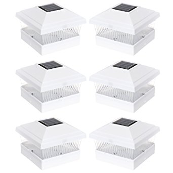 Solar Outdoor Fence Post Cap LED Light for 5"x5" Posts, White, 6 Pack