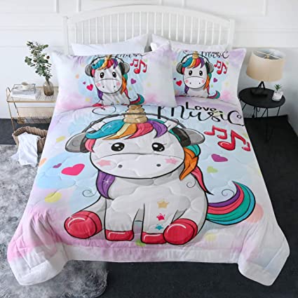 BlessLiving 3 Piece Cute Unicorn Comforter Set with Pillow Shams Bedding Set with 3D Printed Designs Reversible Comforter Full/Queen Size Bedding Sets, Unicorn Wearing Headphones