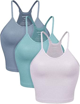 ODODOS Women's Crop 3-Pack Waffle Knit Seamless Camisole Cropped Tank Tops