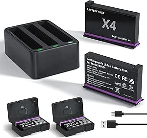 LP Battery and Charger Set for Insta 360 X4, 2500mAh Batteries Compatible with Insta 360 X4 Camera, Fast Charging Hub with USB-C Cable, 360 X4 Accessories, 3-Slot Battery Charging Station   2 Battery