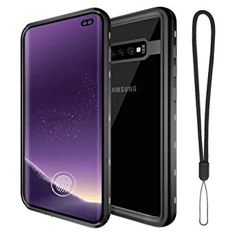 ANERNAI Compatible Samsung Galaxy S10  Plus Case Waterproof Case, Clear Heavy Duty Built-in Screen Fingerprint ID Full-Body Protective IP68 Waterproof Case,Clear-Black